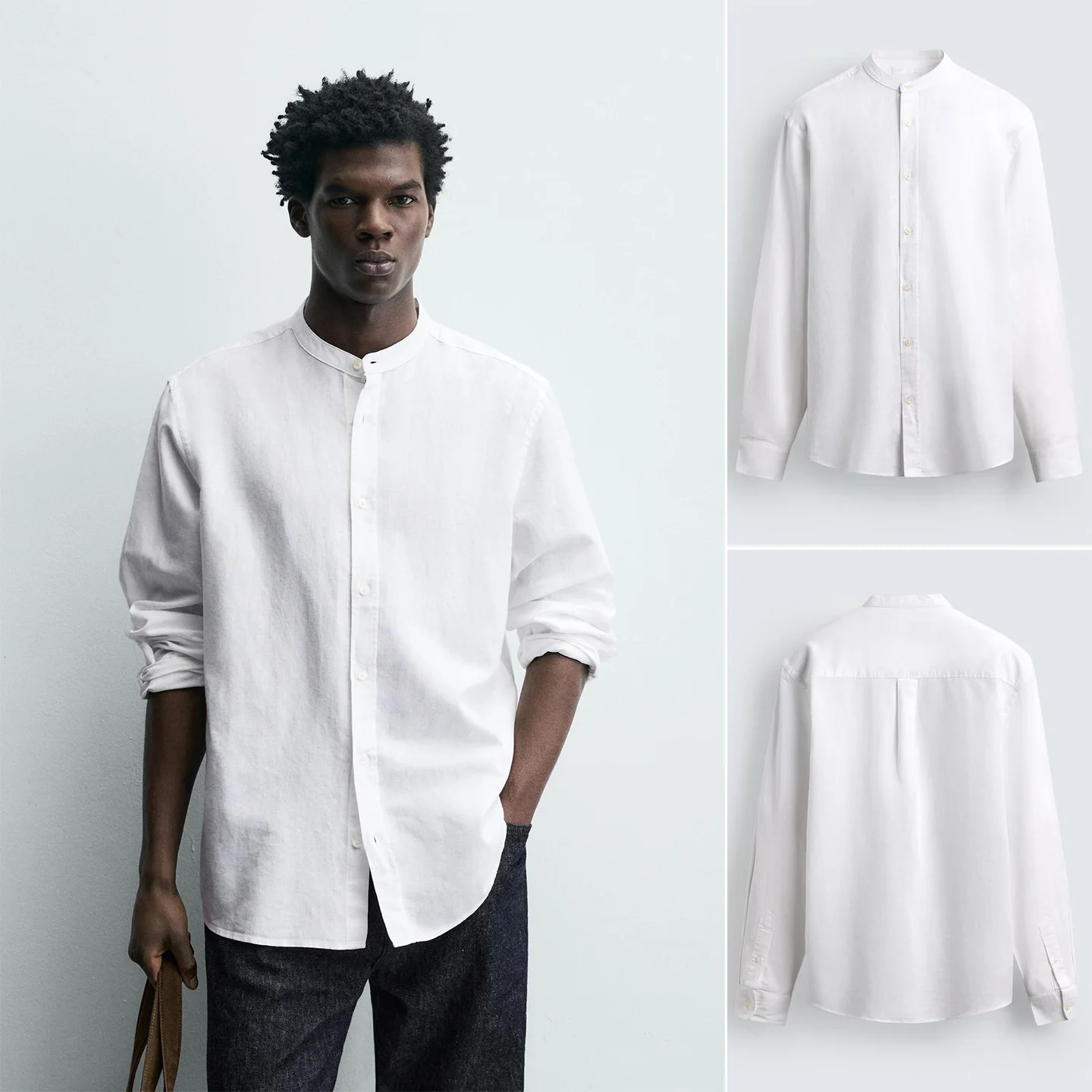 

Spring New Men's Minimalist Style Long Sleeve Loose Shirts Multi-Buckled Zhongshan Collar Top Skin-Friendly Breathable 1063412