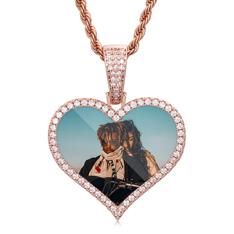 Hiphop Custom Photo Heart Pendant Necklace for Women Men 18k Gold Plated Customized Picture Charm Necklaces Rope Chain 24in