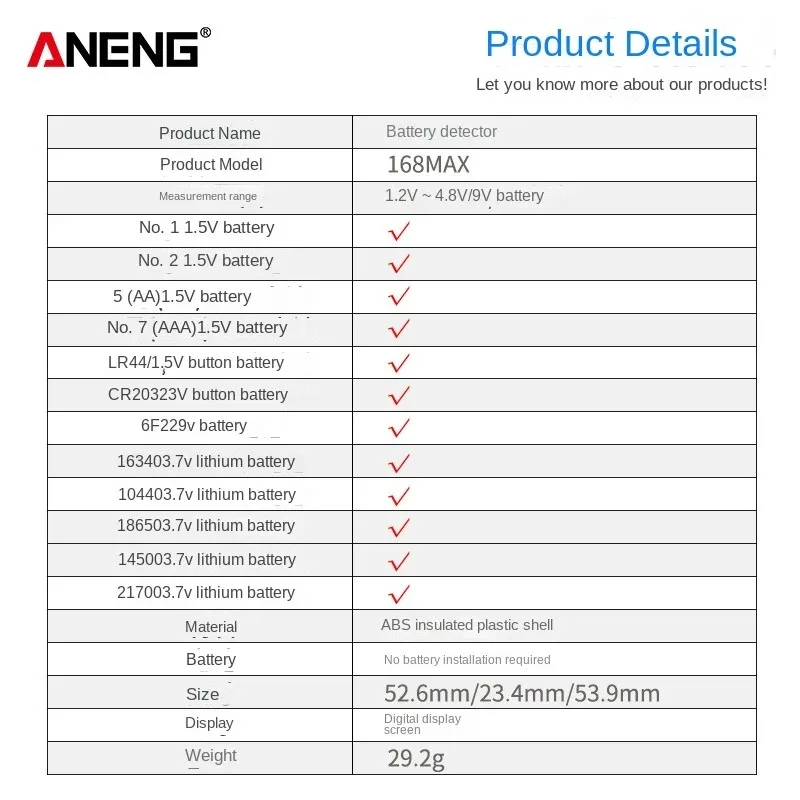 ANENG Portable Battery Tester High Precision Battery Power Tester Battery Voltage Tester