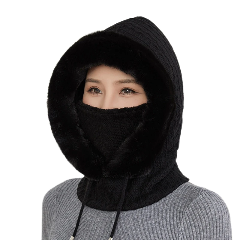 Winter Hat For Womens Hooded Face Mask Fluff Keep Warm Thicken Neck Scarf Hooded Cap Beanie Knitted Cashmere Neck Warmer