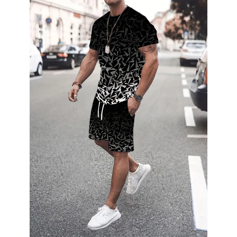 2025 Creative Fashion New Trend Summer 3D Digital Printing Casual Round Neck Short Sleeved Shorts Set Retro Men's T-shirt