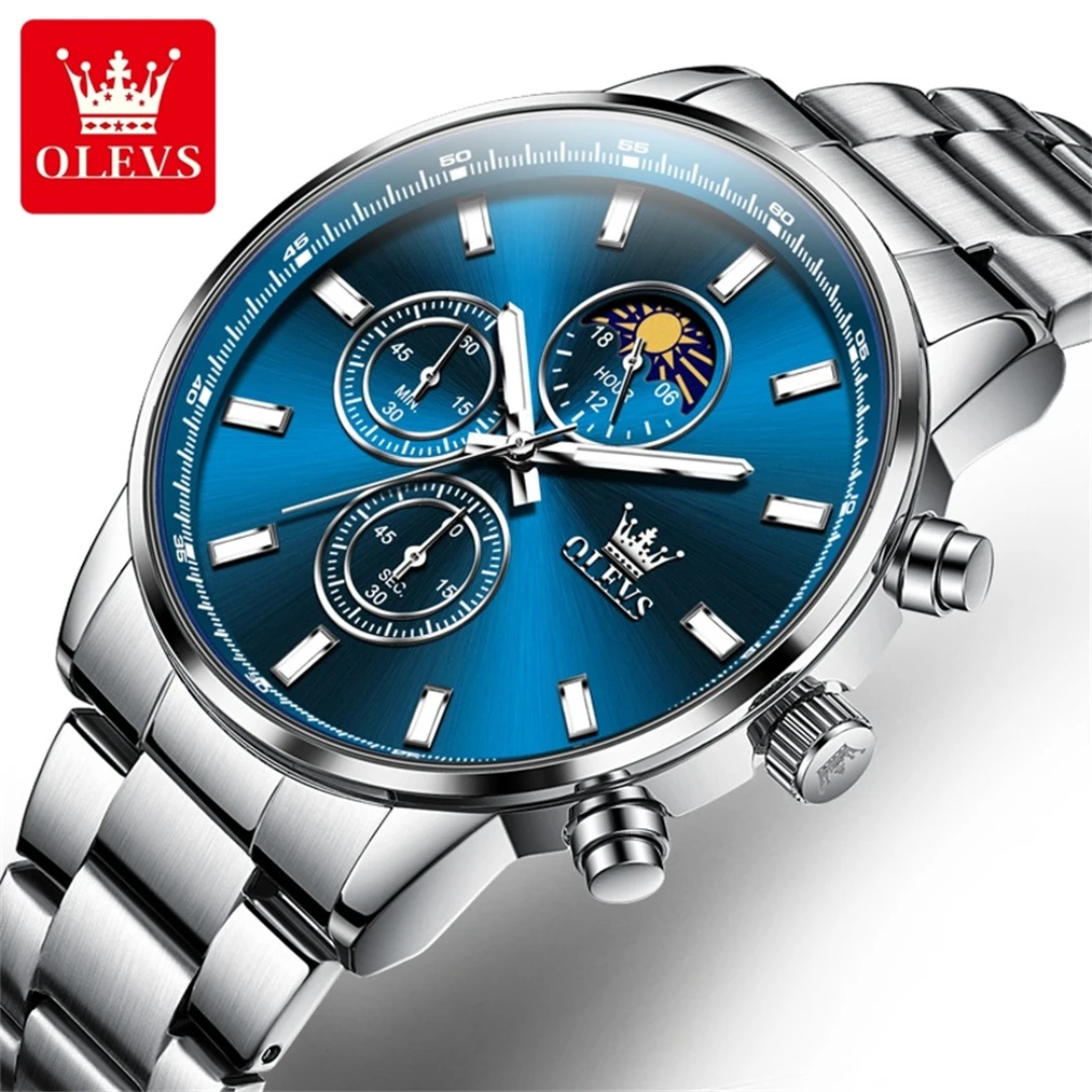 

OLEVS 2902 Casual Quartz Watch Gift Stainless Steel Watchband Round-dial Moon Phase Chronograph