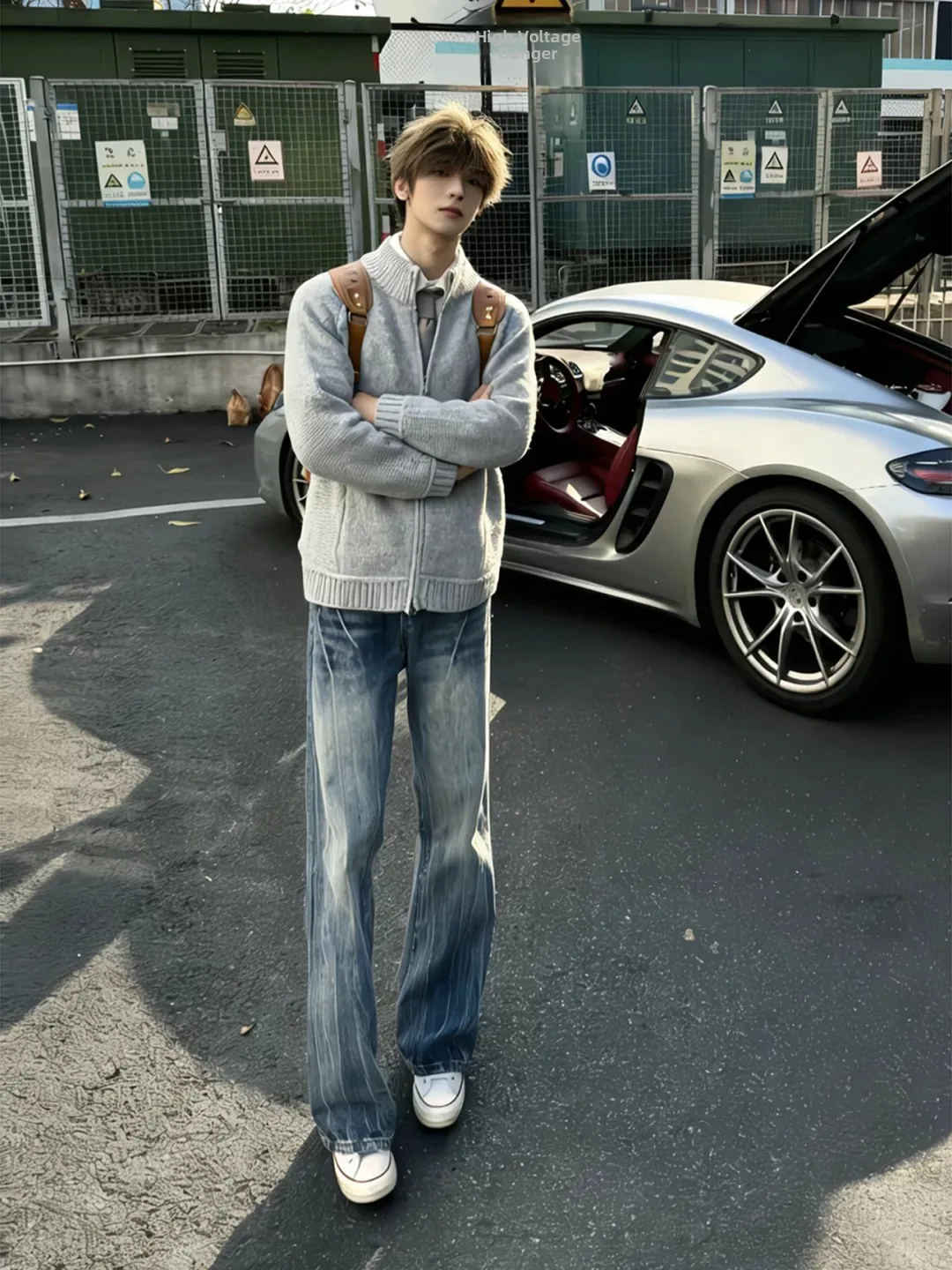Blue Washed Lightning Pattern Men's Jeans Slim Fit Straight Leg Capri Pants Fashionable Casual Style mid Waist Zipper Fly
