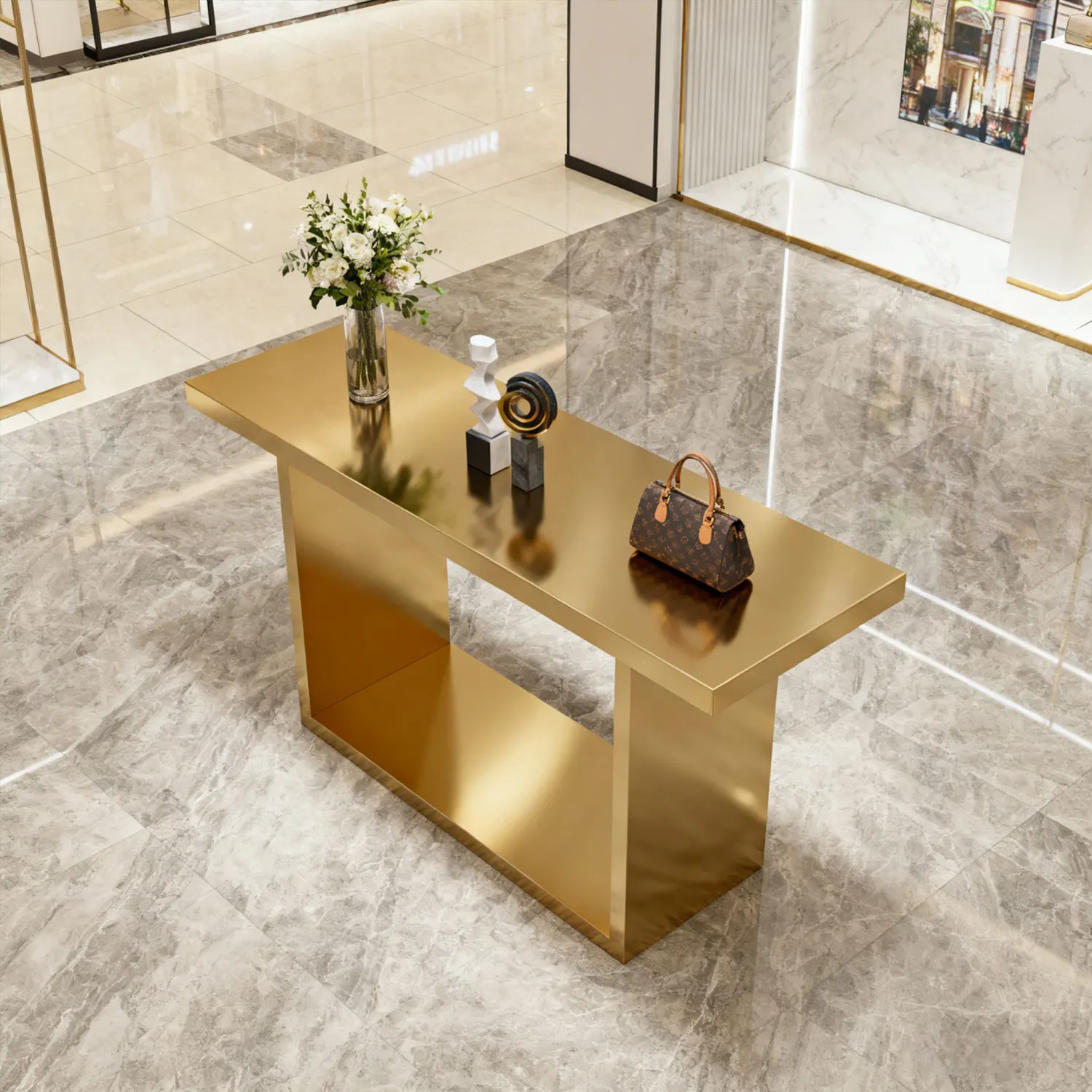 Factory Direct 2026 Light luxury clothing store, stainless steel island display table, display table, beauty salon ornaments, ac