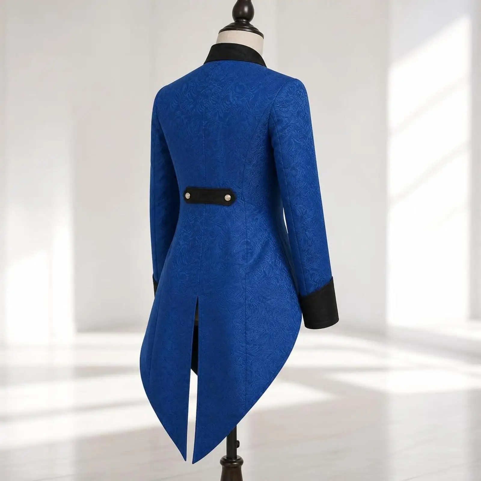 Men Retro Costume Jacket Blue Tailcoat Faux Waistcoat Polyester Button Front Black Cuffs Adjustable Fit for Dress Up