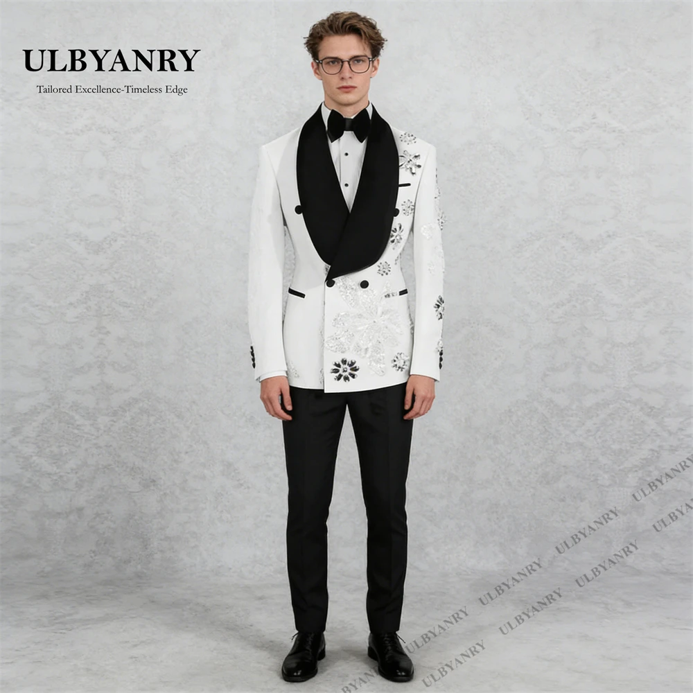 

ULBYANRY Designer Crystals Embellished Suit Set for Men, Blazer & Pants, Double Breasted Slim Fitting Jacket with Black Trousers