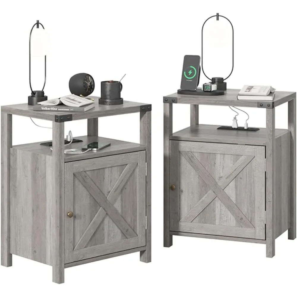 Nightstands Set of 2 with Charging Station, Bedside Table W/Storage Cabinet, Farmhouse End Table with USB Ports and Outlets