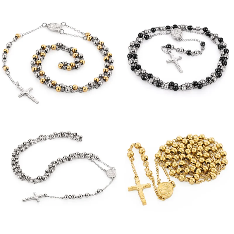 Edelstahl 4 Farbe 6mm kleine Gebets perlen Kette Medalla Milagrosa Einfachheit Kruzifix Kreuz Anhänger Rosenkranz Halskette Chaplet – Detail 5