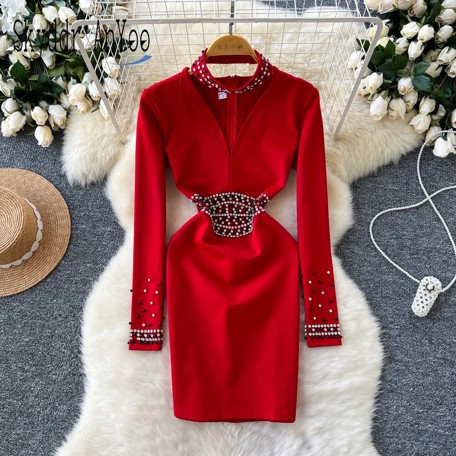 

Luxury Elegant Party Dresses 2024 Woman Vestidos Autumn Winter V-Neck Long Sleeve Red Dresses Slim Bodycon Chic Robes