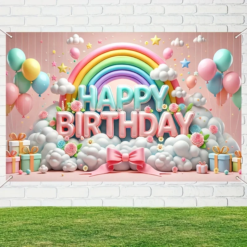 Happy Birthday Background Banner 1pcs 3D Balloons And Rainbow Design Party Background Decoration For Celebration