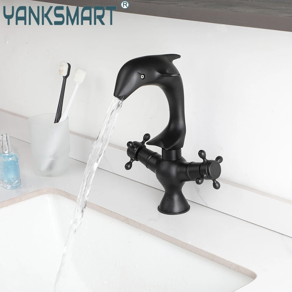 

YANKSMART Black Dolphin Shape Bathroom Faucet 2 Handles 1 Hole Vessel Basin Faucet Deck Mounted Lavatory Sink Mixer Water Tap