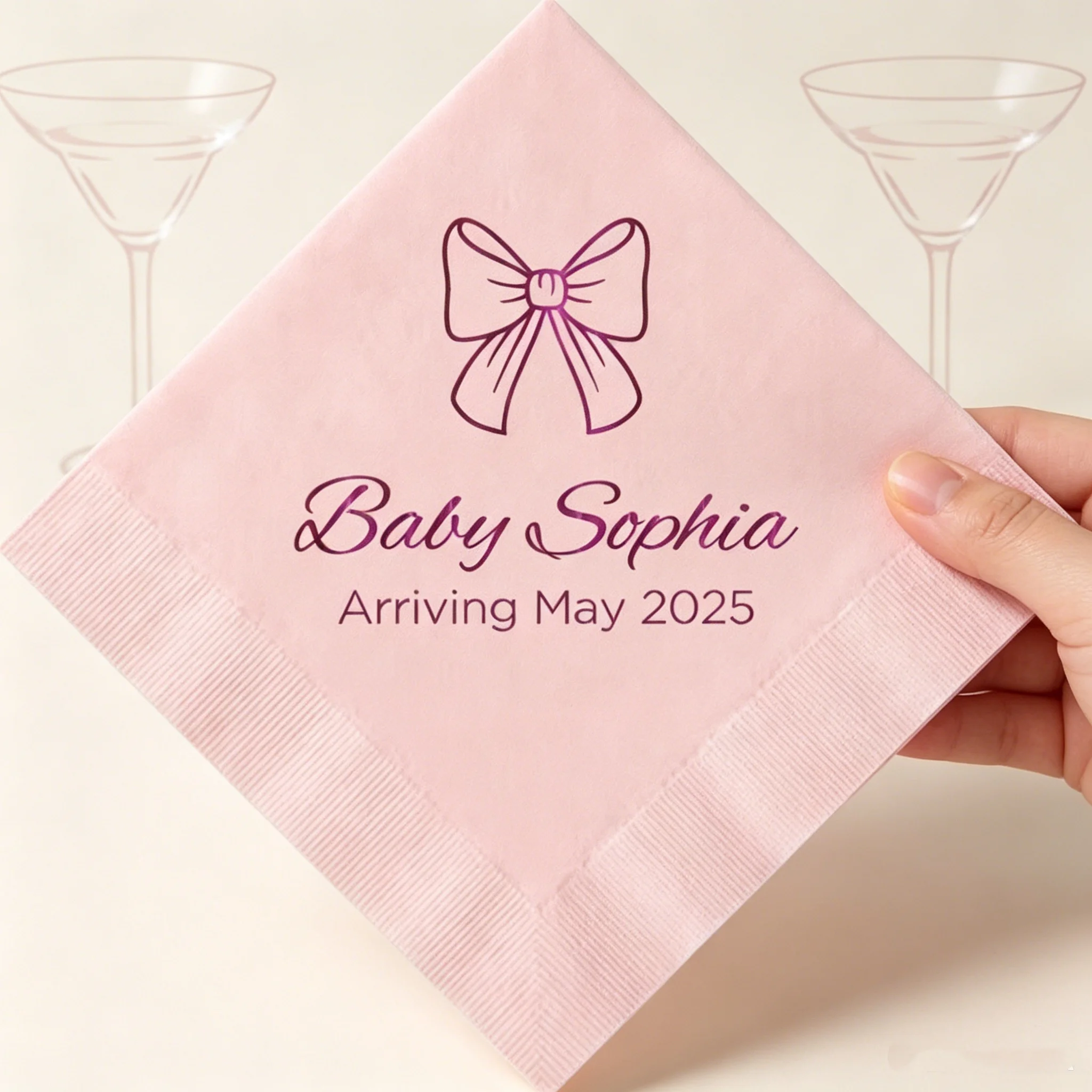 

50pcs Personalized Bow Design Baby Shower Napkins - Custom Baby Name & Arriving Date Themed Paper Napkins for Girl Baby Shower,
