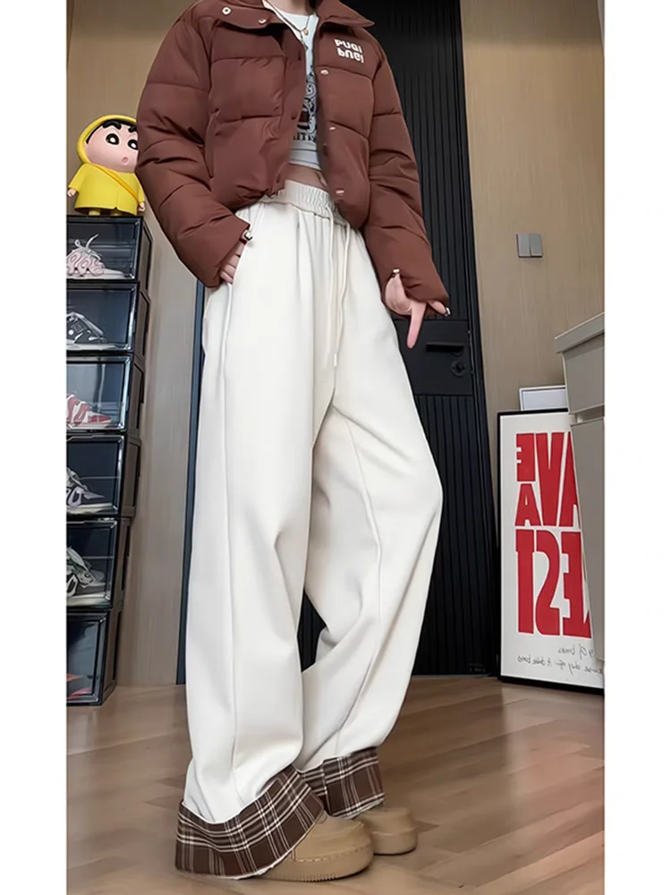 Pantalon de survêtement lourd gris fleur pour femme, polaire épaisse, chaud, à carreaux, jambes larges, ample, Style paresseux, jambes droites, hiver