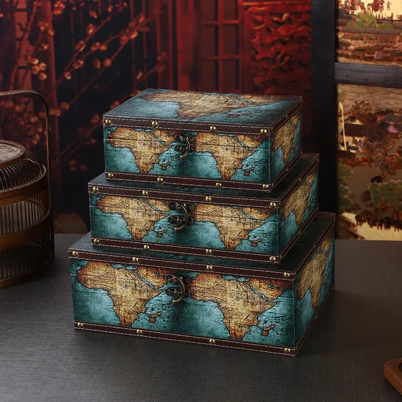 Large Capacity Vintage Wooden Storage Box Green Map Simulation Antique Jewelry Box for Home Use Document Miscellaneous Items ...