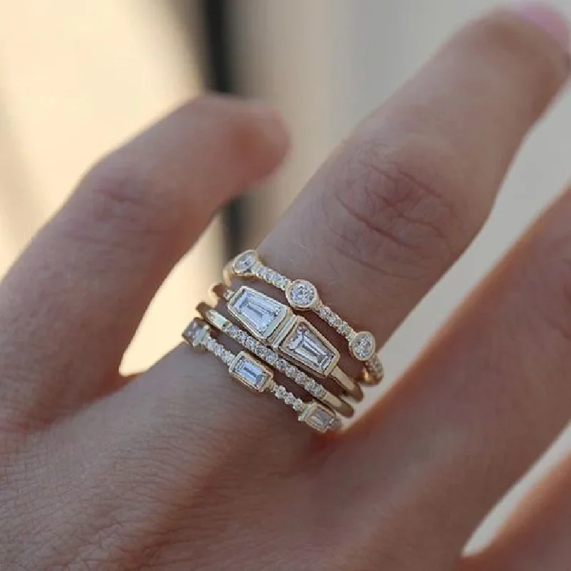 4 pcs/set Geometric Gold Color Combination Round Zircon Crystal Rings Set for Women Engagement Party Wedding Rings Hand Jewelry
