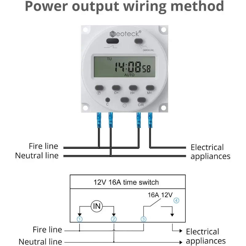 DC 12V 16A Digital Electronic LCD Time Relay Switch Programmable Timer Waterproof with 16 ON/Off Setting Set Wire Connectors