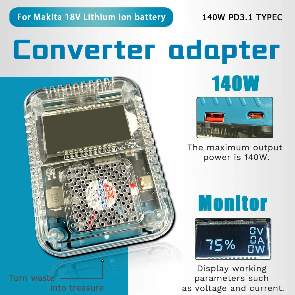 

Li-ion Battery Adapter Converter for Makita Li-ion Battery Charger - 140W PD3.1, Digital Display, USB Type-C Power Supply