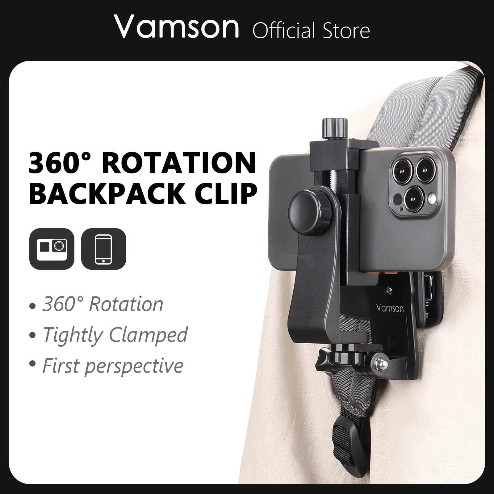 

Vamson 360 Degree Mobile Phone Clip Cellphone Backpack Holder Mount for iPhone Samsung Shoulder Belt for Smartphone Accessories