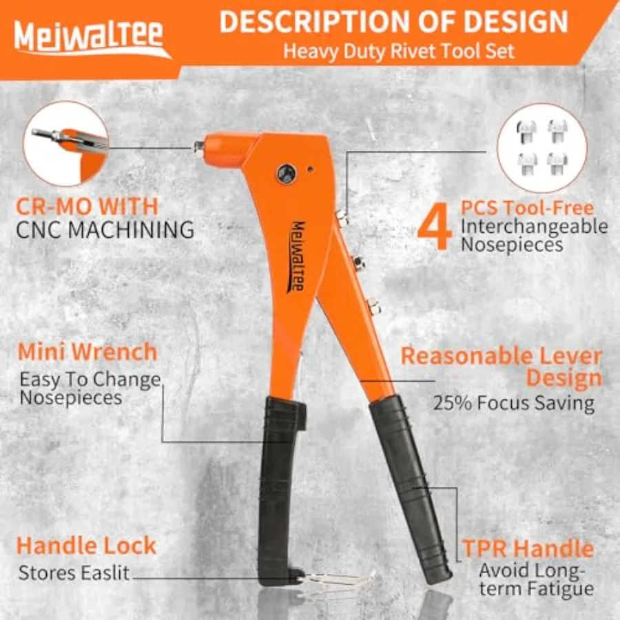 プロ仕様のアルミニウム合金リベットガン、200個のリベットと4つのドリルビット付き、ヘビーデューティーな手動リベット打ちに最適、4つの交換可能なヘッド
