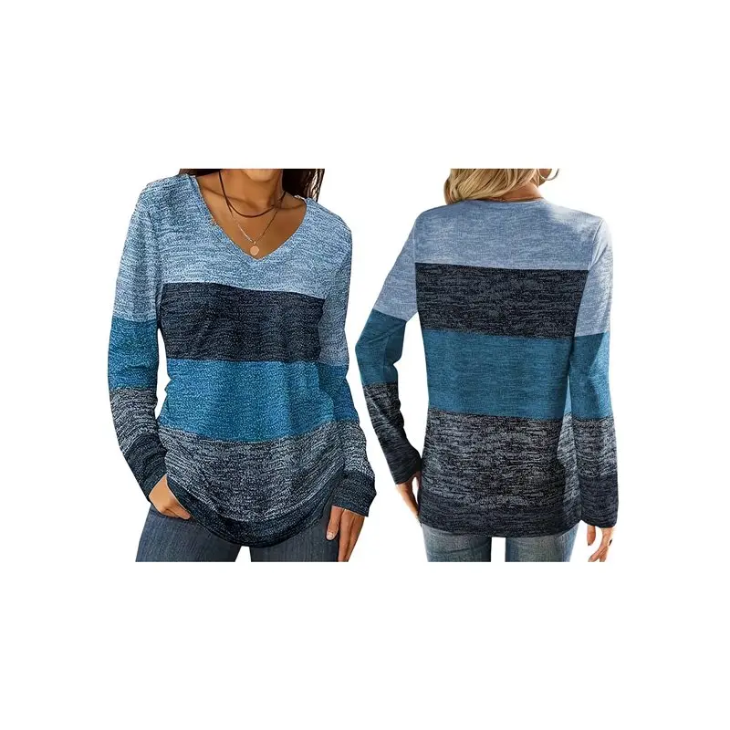 

CYL-Women's Color-Blocked Long-Sleeved V-Neck T-Shirt Spring And Autumn Casual Fashion Trend Loose Shirt Sky Blue XL