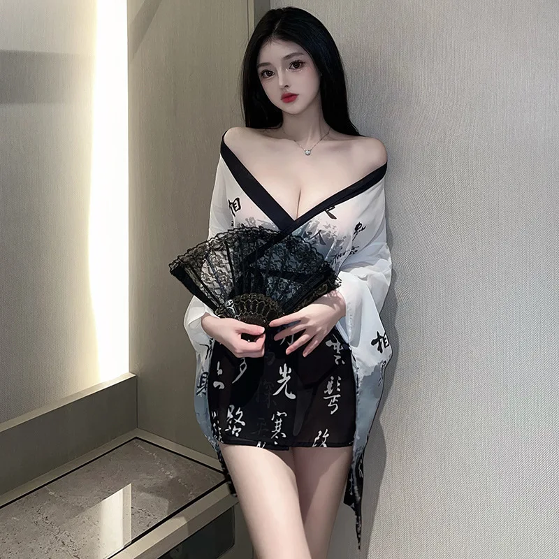 Japanese Kimono Women Sexy Lingerie See Through Mesh Nightgown Bathrobe Pajama Temptation Nightwear Robes cosplay sexy costume