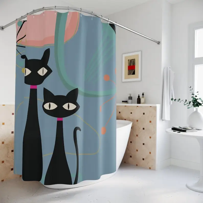 Atomic Kitsch Cat Shower Curtain, Mid Century Modern Boomerang Starburst Bath Curtains, Retro Bathroom Decor