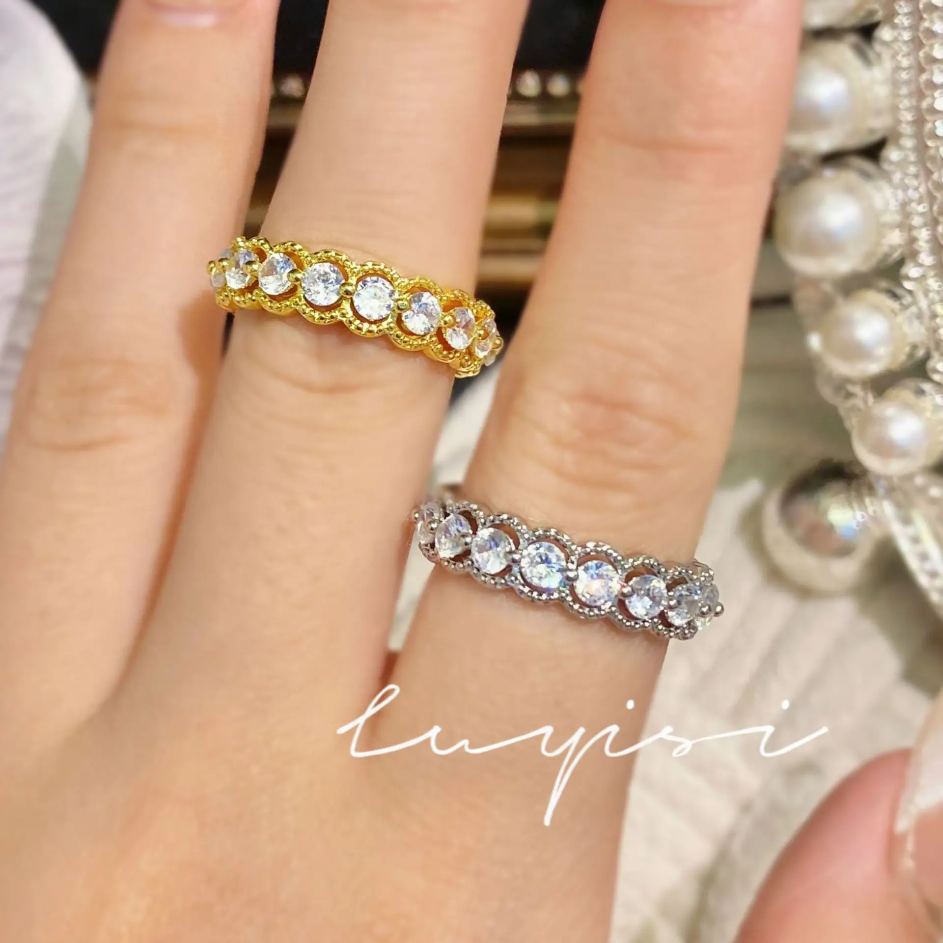 DIY accessories Vintage retro lace round diamond row ring women's antique niche light luxury versatile hollow gold-plated row di