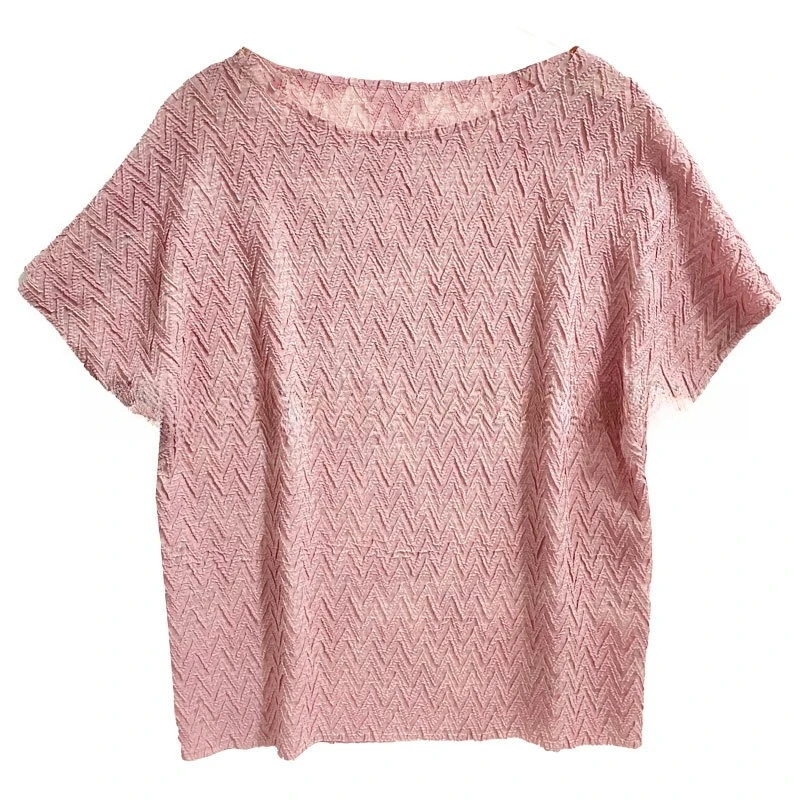 

Miyake Summer New Short Sleeve Pleated Top Fashion Jacquard T-Shirt Fashion Loose Crew Neck Pleated Bat Sleeve Casual Shirt