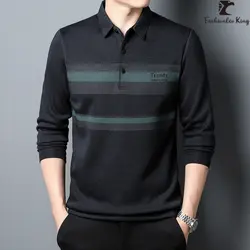 New Long-sleeved T-shirt Fashion Men's Casual Section Business Office Polo Shirt Stripe Shirts