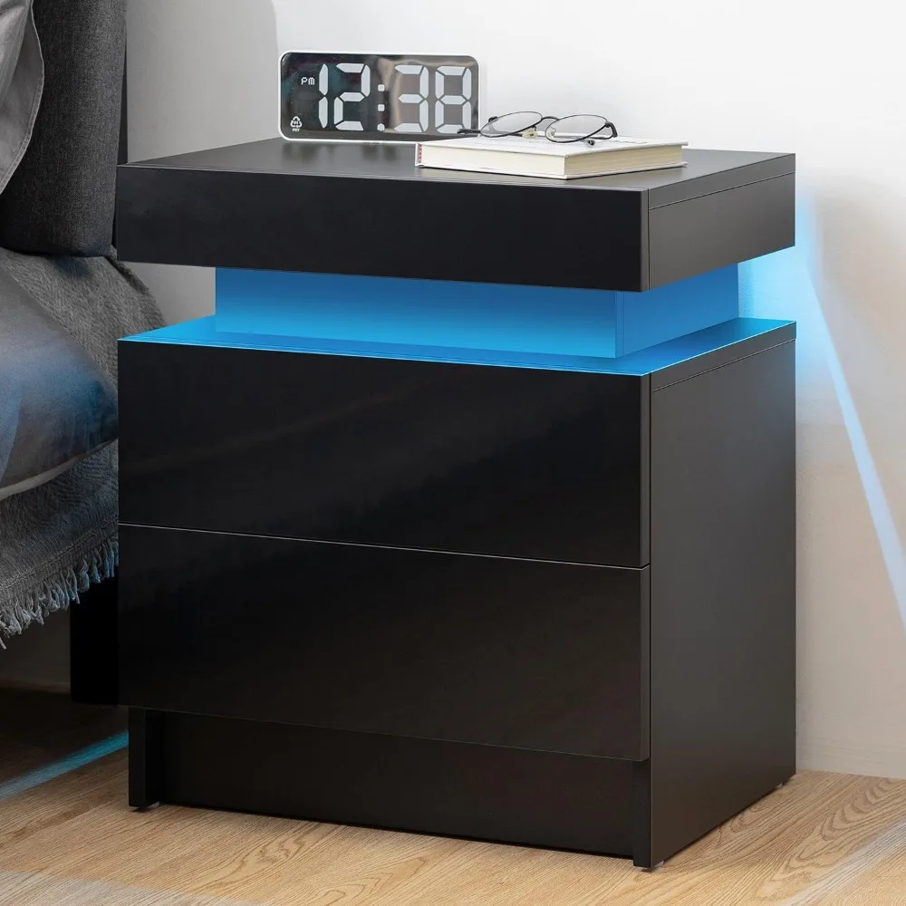 LED Nightstand Black Nightstand with Led Lights Modern Night Stand with 2 High Gloss Drawers Led Bedside Table Smart Nightstand