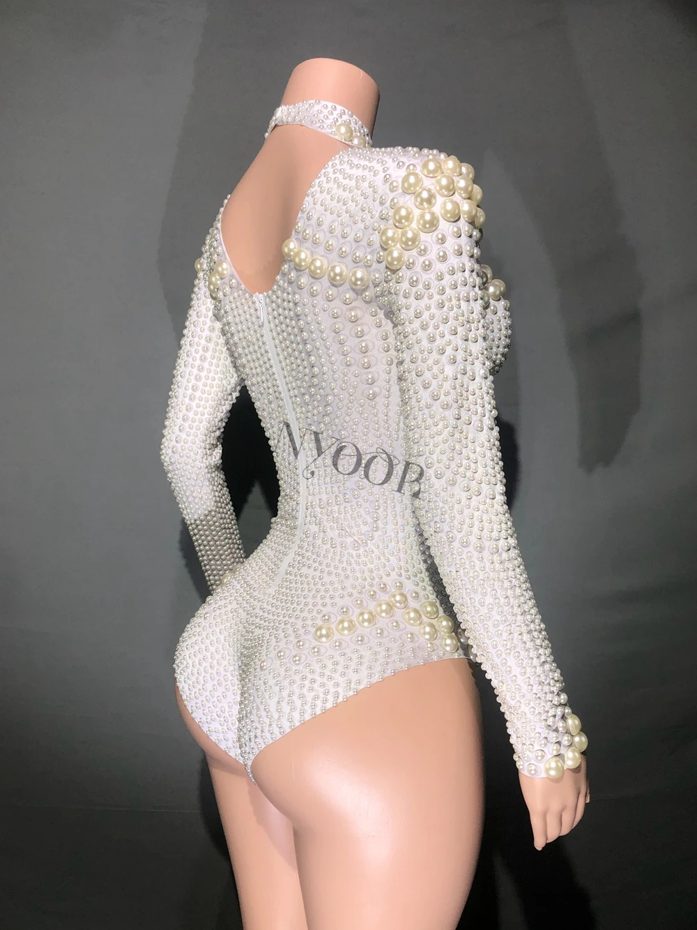 Witte Parels Leotard Sexy Lange Mouw Bodysuit Nachtclub Dansoutfit Zangeres Podiumkleding Show Performance Kostuum