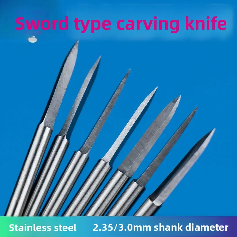 2.35mm / 3mm Shank Tungsten Steel Sword Shape Two Flute Pointed Burr Olive Pit Wood Engraving Lettering Dental Handpiece Bit