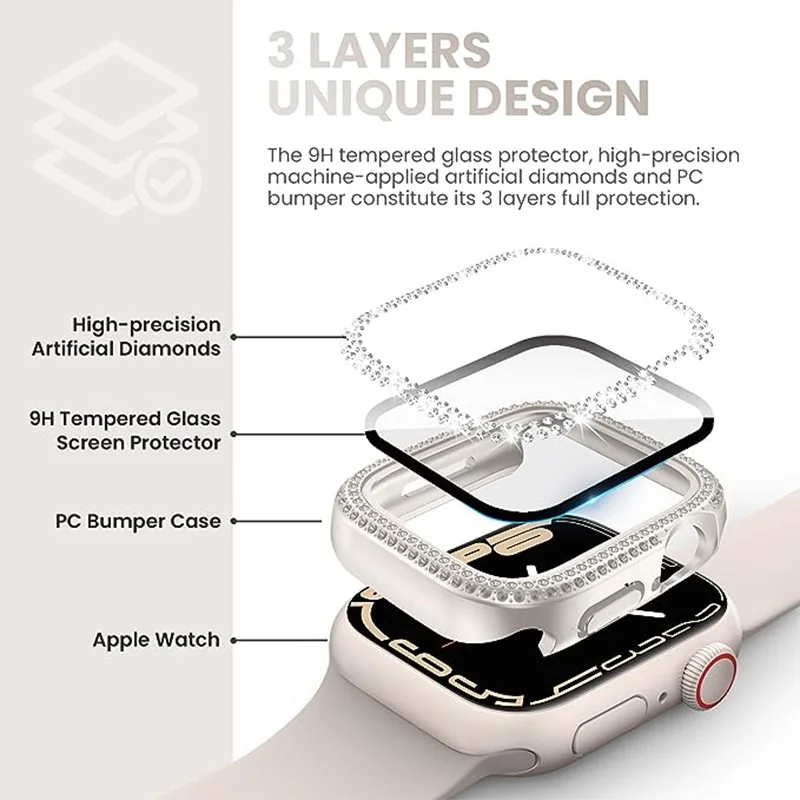 Tempered Glass+Cover For Apple Watch 41mm 45mm 44mm 40mm 42mm 38mm Diamond Screen Protector Case iWatch series 9 6 5 4 3 se 7 8