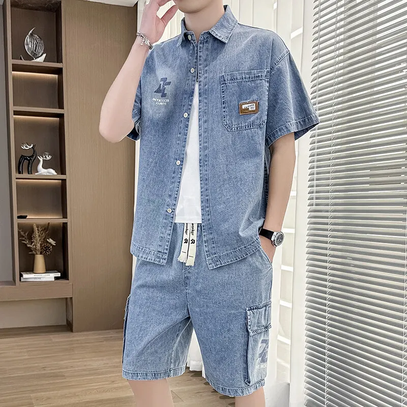 Short Sleeve Denim Shirts Jacket&Shorts 2026 Summer Casual Jean Men's Sets Clothing Streetwear Top Tee-Shirt Coat&Pant Tracksuit