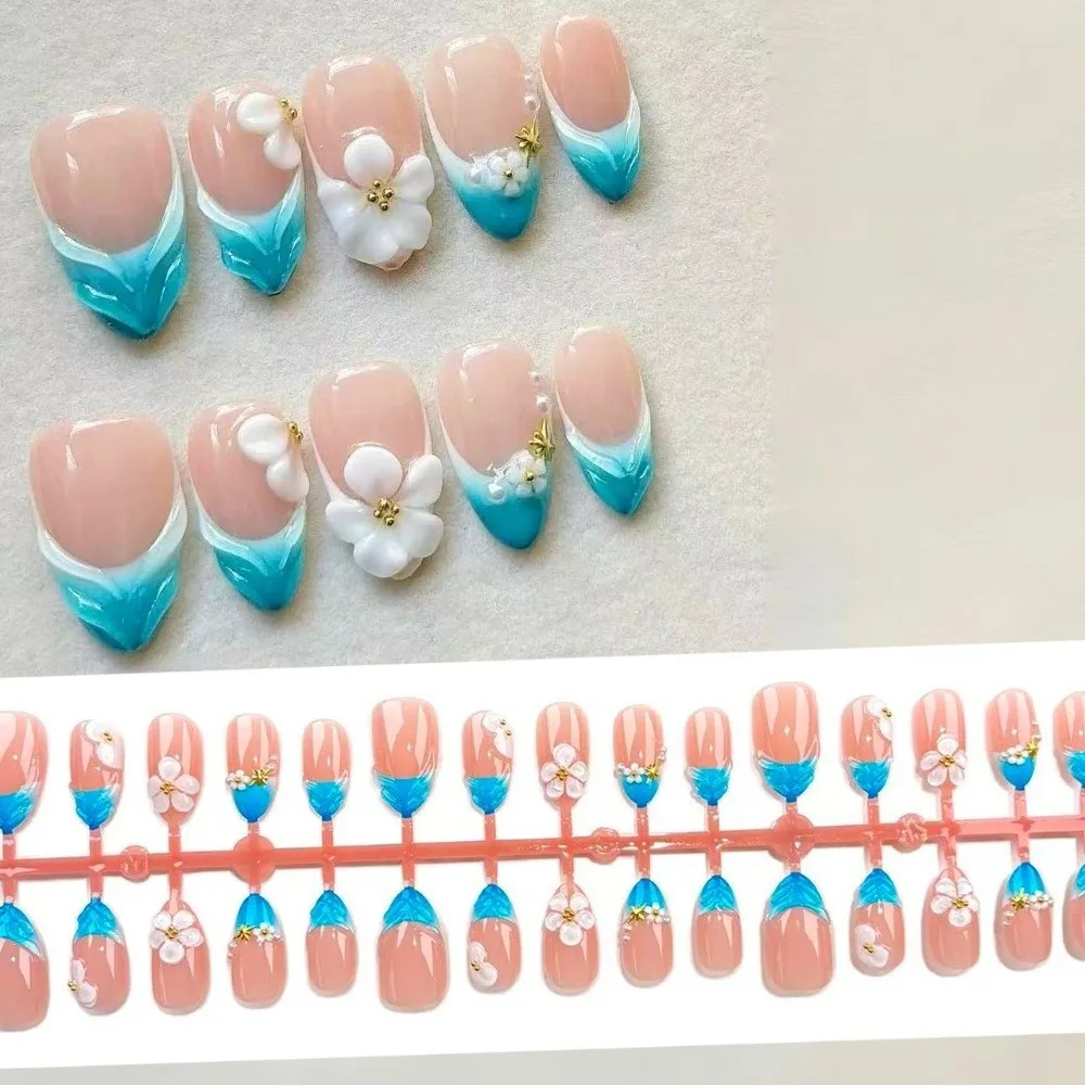 30pcs Sweet Handmade Press on Nails Ocean Style Light Blue Nude Almond Fake Nails French Design 3D Floral Nails Sweet Summer
