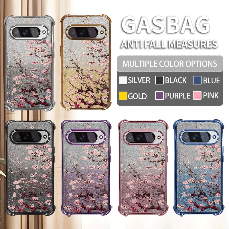 Glitter Plating Protective Cover For Google Pixel 11 Pro XL Case TPU Four-corner Shockproof Flower Pattern Fundas