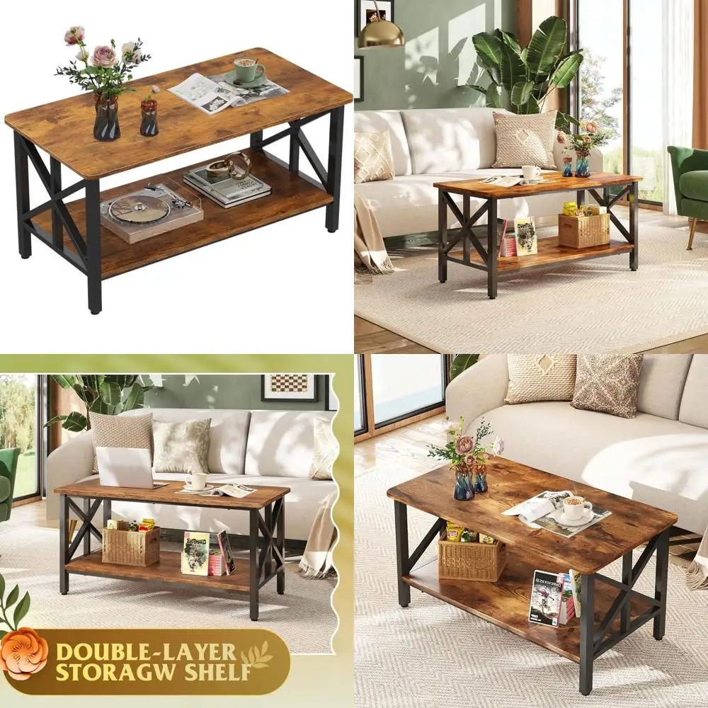 

Rustic Brown 39 2-Tier Round Storage Coffee Table with Metal Legs