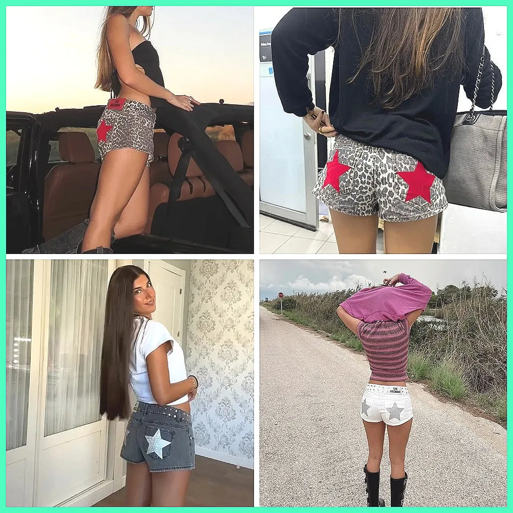

Women's High Waist Distressed Denim Shorts with Star Patch & Studs, Slim Fit Ripped Casual Bottoms for Daily Wear
