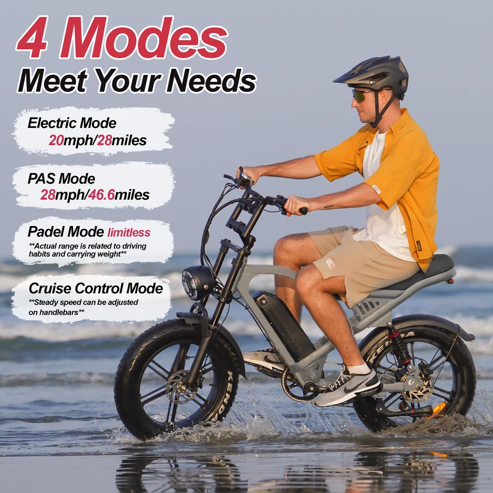 Electric Bike for Adults 750W Motor 48V 15Ah Battery 20" Fat Tire Electric Bicycle 28MPH 50Miles Range Dual Shock Absorber Dual Disc Brakes Retro Style E-bike for Mountain Beach Snow City Commute image 4