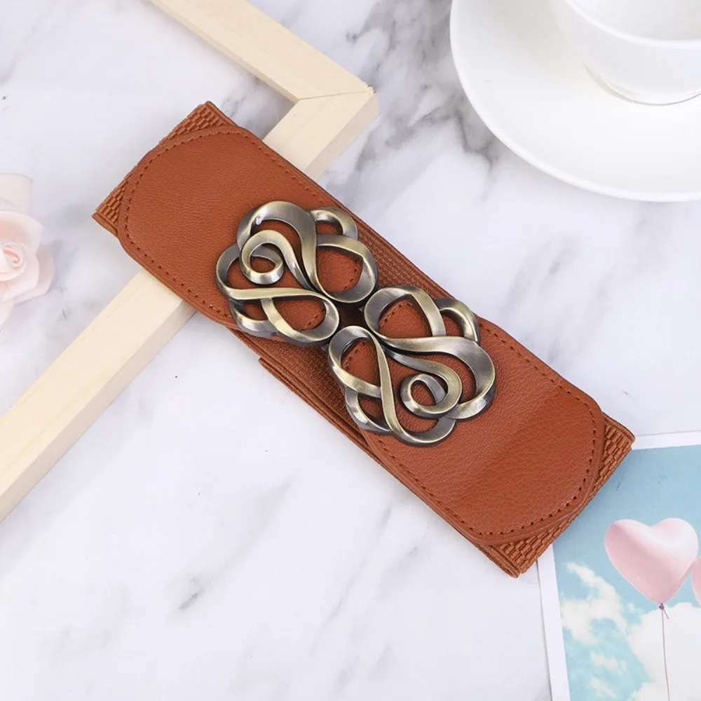 Vintage 60-80cm Women Leather Belt for Dress Elastic Brass Retro Buckle Overcoat Stretched Band Durable Lady Belt