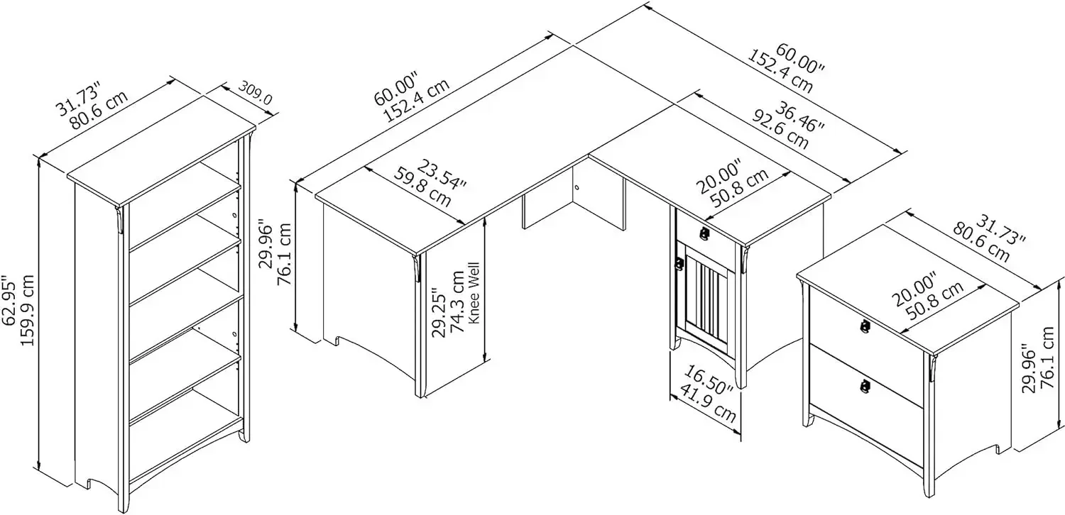 Salinas 60w l geformter Schreibtisch mit seitlichem Akten schrank und 5 Regal Bücherregal in antikem Weiß