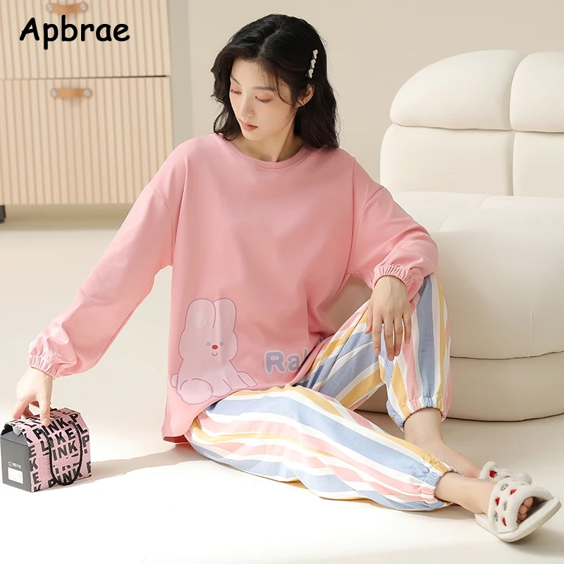 Cute Rabbit Print Cartoon Sleepwear Autumn Winter Woman Pajamas Set Pullover Long Sleeves Girl Homewear Lady Soft Loungewear