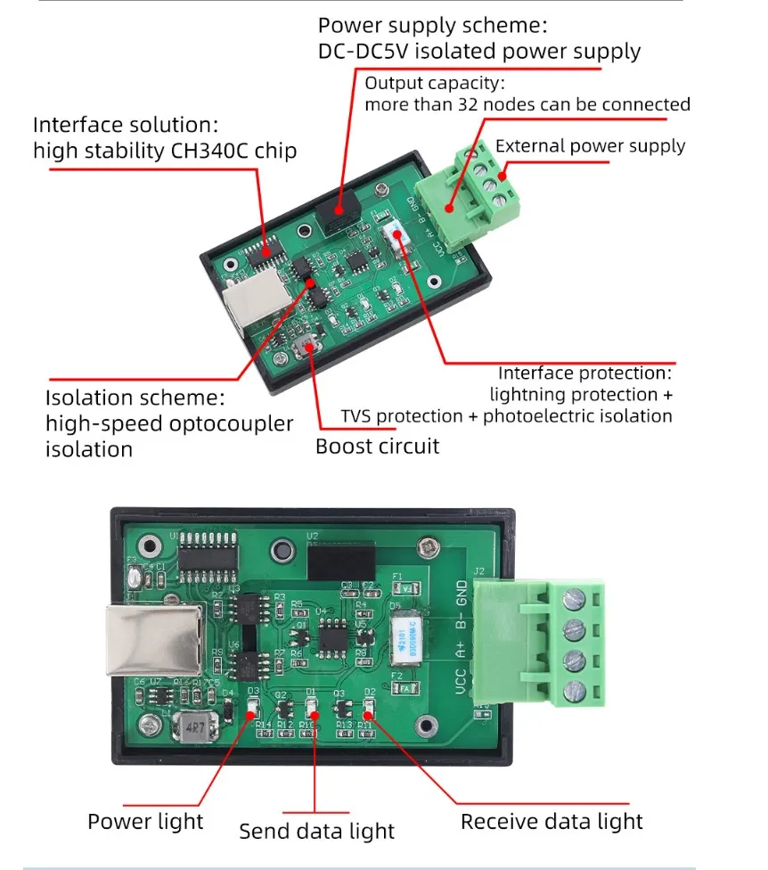 CH340 USB TO RS485 ISOLATED ADAPTER 5v 12V VCC SERIAL CONVERTER CABLE