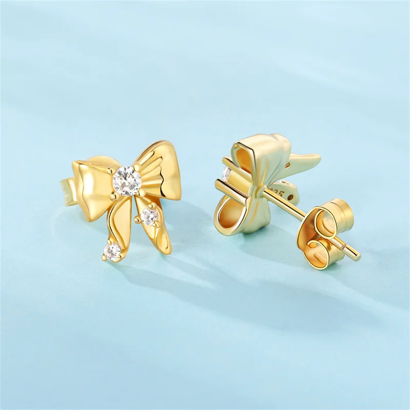 Rea 925 Sterling Silver Inlay Zircons Bow Stud Earrings For Women Double Earring Plated Gold Fit Evening Birthday Wedding Gift