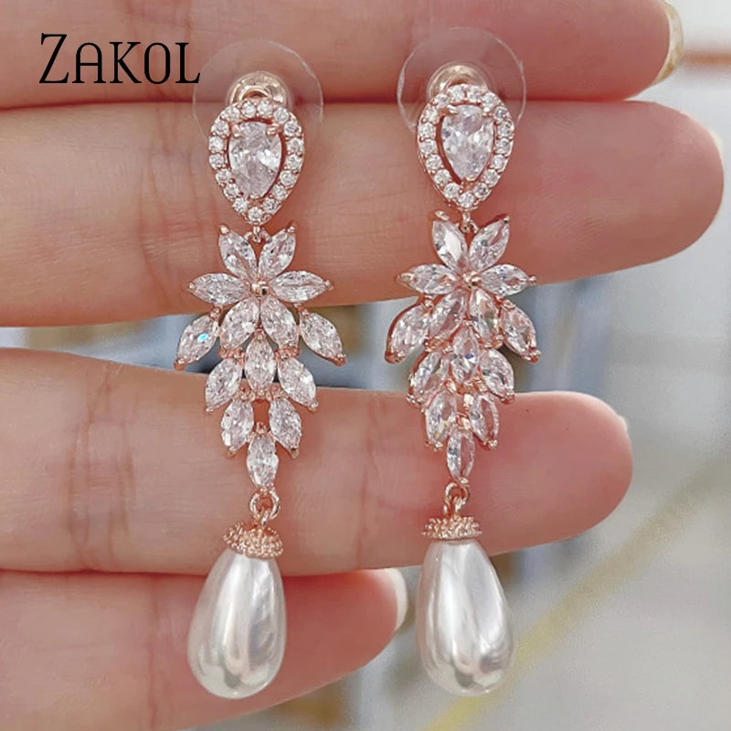 ZAKOL Luxury Pearl Bridal Dangle Earrings for Women Fashion Zircon Leaf Wedding Party Jewelry