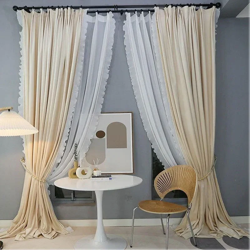 Beige Shabby Chic Curtains for Living Room Farmhouse Ruffled Vintage Side Lace Velvet Blackout Balcony Window Drapes