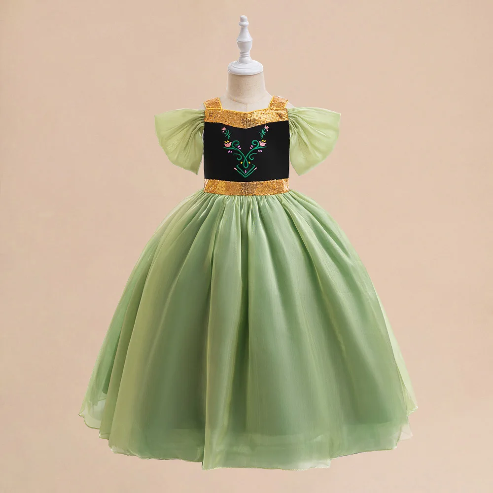 Girls Anna Wizard Princess Tutu Dresses Kids Fashion Birthday Party Dress Girl Green Frozen Clothes Children Embroidery Costumes