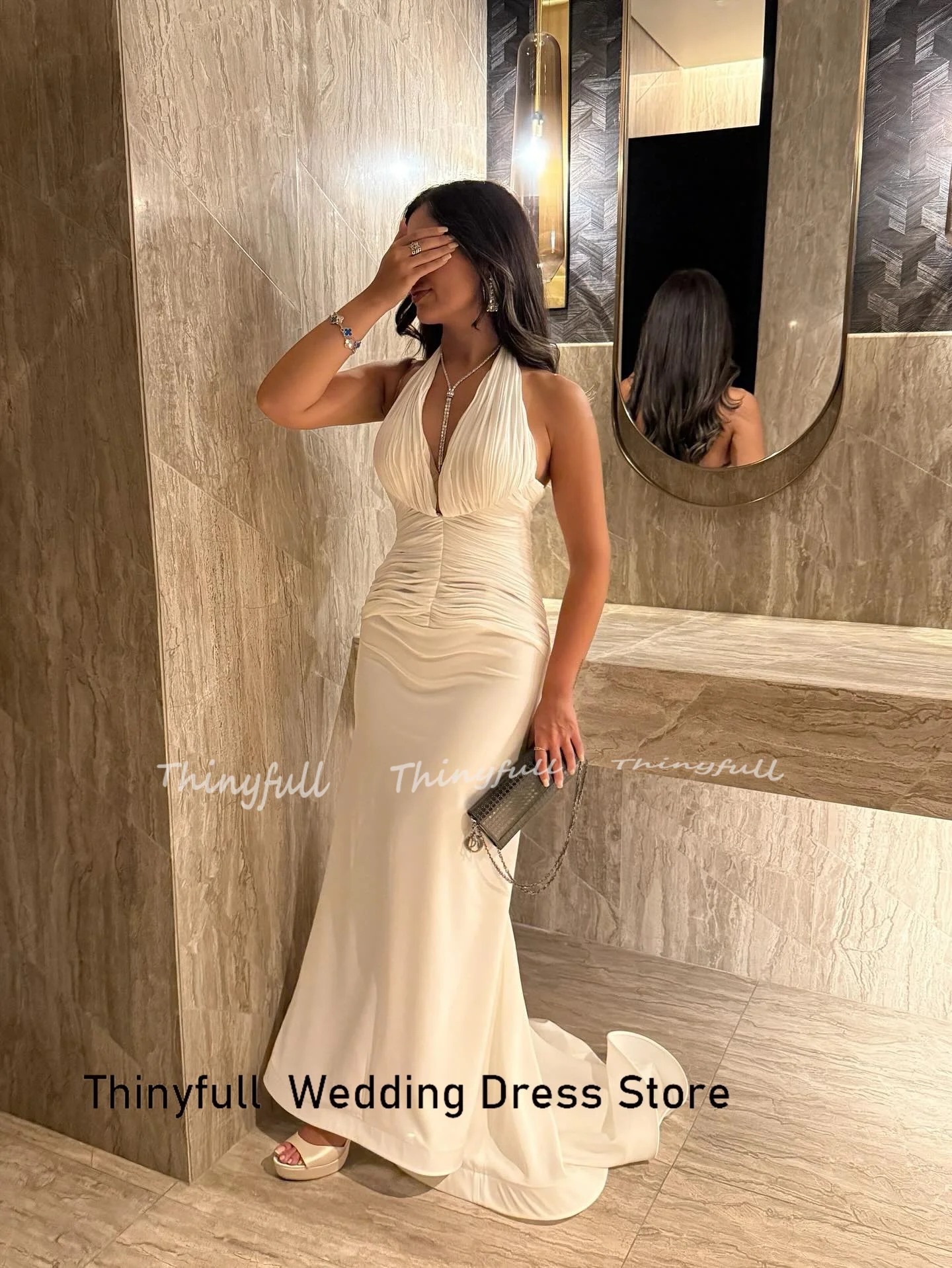 Thinyfull Mermaid Arab Prom Dresses Halter Sleeveless Chiffon/Satin Evening Dress Long Formal Gown Robe De Soirée Customized
