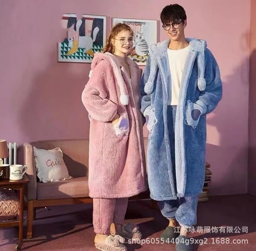 Disney Stitch Angel Hooded Pajamas Y2k Couple Kawaii Coral Fleece Home Clothes Set Women Winter Warm Plush Female Sleepwear Suit