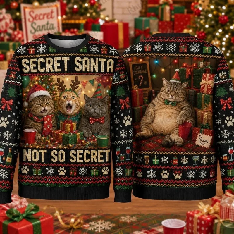 Ugly Christmas Sweater Funny Cat Party Crewneck Sweatshirt Polyester 3D Print Holiday Party Pullover Gift Men Women